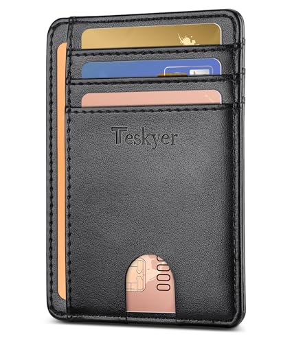 Teskyer Slim Wallet for Men, Minimalist Front Pocket RFID Blocking Leather Wallet Credit Card Holder for Men & Women - color: Black