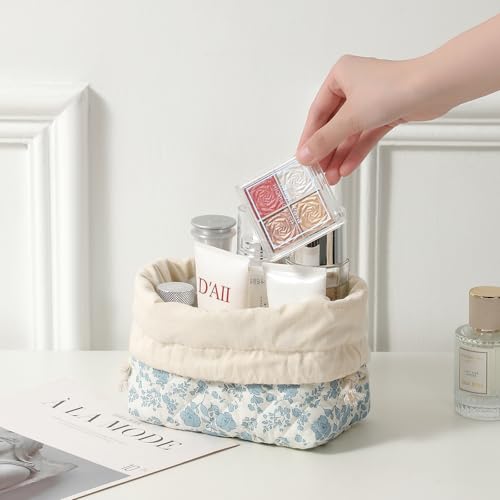 3pcs Large Cotton Quilted Makeup Bag Set,Coquette Aesthetic Cute Travel Toiletry Bag,Drawstring Gift Bag for Women and Girls(3Pcs Light Blue) - color: 3Pcs Light Blue