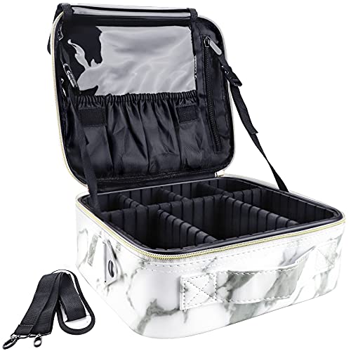 gzcz Travel Makeup Bag,Professional Cosmetic Bags for Women,Portable Makeup Brush Bag Organizer Storage with Adjustable Dividers and Shoulder Strap - color: Marble with Shoulder Strap, size: Small