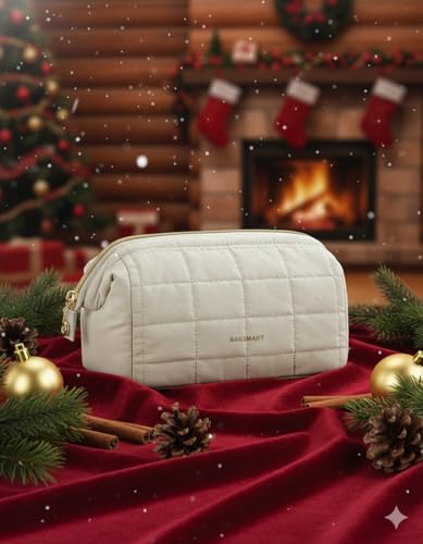 BAGSMART Makeup Bag Cosmetic Bag Wide Open, Beige, M, Wide-open Travel Makeup Bag With Puffy Padded and Rectangular Quilted - color: 08-Cream Beige