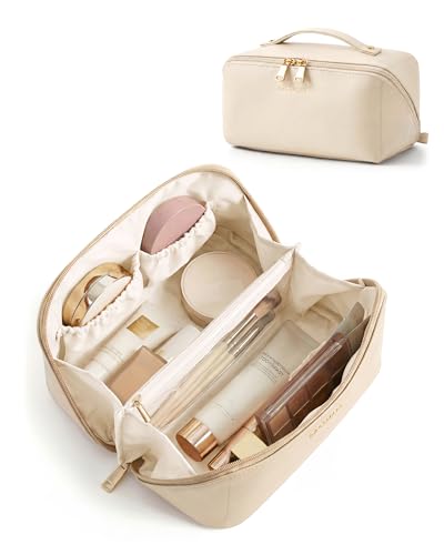 BAGSMART Makeup Bag Travel Cosmetic Bag, Large Make Up Bag Flat Open Toiletry Bag for Women, PU Leather Travel Essentials Organizer Case, Wide-open Pouch Purse for Skincare, Brushes, Cream Beige - color: 10- Cream Beige