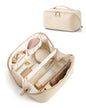 BAGSMART Makeup Bag Travel Cosmetic Bag, Large Make Up Bag Flat Open Toiletry Bag for Women, PU Leather Travel Essentials Organizer Case, Wide-open Pouch Purse for Skincare, Brushes, Cream Beige - color: 10- Cream Beige