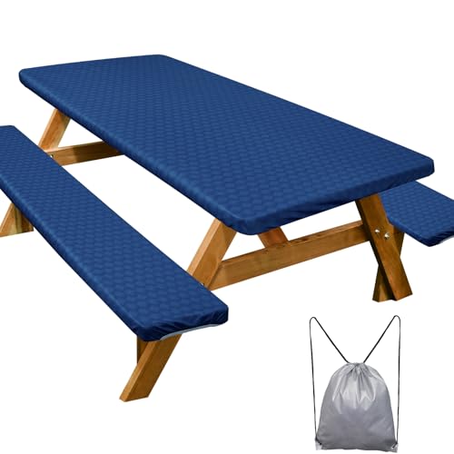Picnic Table Cover with Bench Covers Camping Essentials Waterproof Windproof Camping Tablecloth with Drawstring Bag, Fitted Rectangle Tables and Seats, 60in, Deep Blue - color: Deep Blue, size: 60in