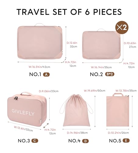 GIVLEFLY Compression Packing Cubes for Travel, 6-Piece Lightweight Luggage Organizer Bags, Space Saving Suitcase Packing Set for Women - color: Pink