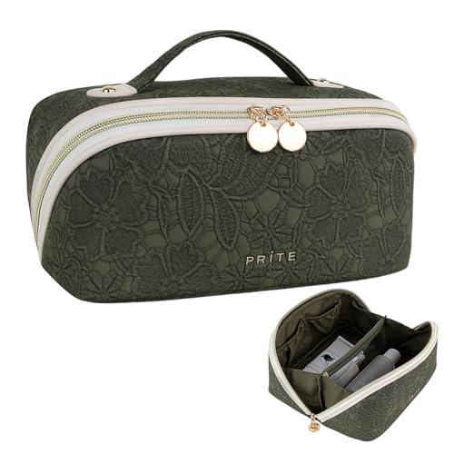 Prite Makeup Bag for Women Travel Waterproof Vegan Leather Cosmetic Bag Open Flat Toiletry Bag With Clear Divider and Handle (Green Flower, Medium) - color: Green Flower, size: Medium