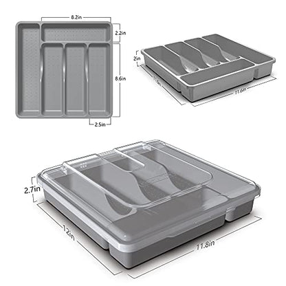 Utensil Holder for Countertop with Lid, Plastic Silverware Tray for Drawer, 5 Compartments Flatware Organizer, Gray - color: Gray
