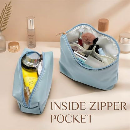 Kigeli 2 Pcs PU Leather Makeup Bag Set for Women Waterproof Aesthetic Cosmetic Bag Large & Small Travel Toiletry Organizer Pouch Skincare Organizer Bridesmaid Mother's Day Birthday Gift(Blue) - color: Blue