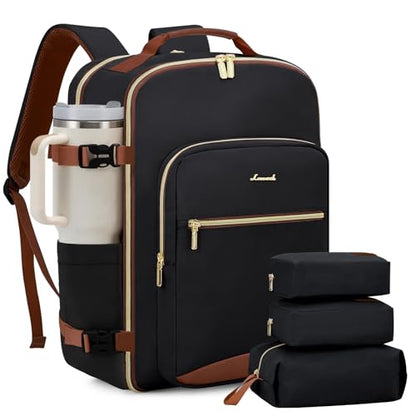LOVEVOOK 40L Travel Backpack for Women & Men, Airline Approved Carry On Luggage with 3 Packing Cubes, TSA Overnight Bags, Waterproof Personal Item Bag, Weekender Essentials Backpacks fits 17" Laptop - color: Black-brown, size: Large