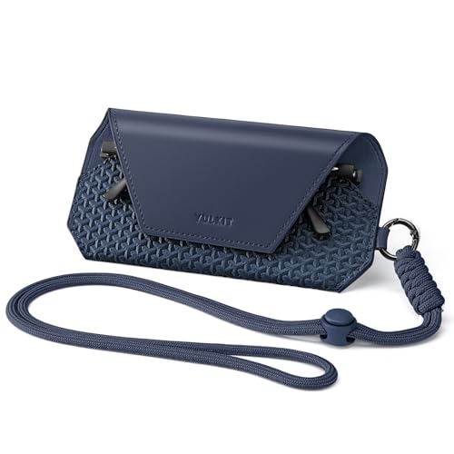 VULKIT Portable Leather Eye Glasses Case for Women & Men, Slim Sunglass Case, Unisex Eyeglass Case - color: Ink Navy With Lanyard