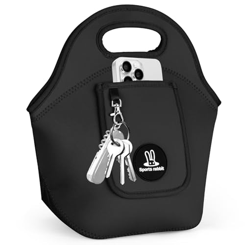 Sports rabbit Small Neoprene Lunch Bags for Women & Adults - Insulated Reusable Lunch Tote, Soft Foldable Lunch Box, Water-Resistant & Machine Washable Cooler Bag for Work, Travel, Picnic (black) - color: Black