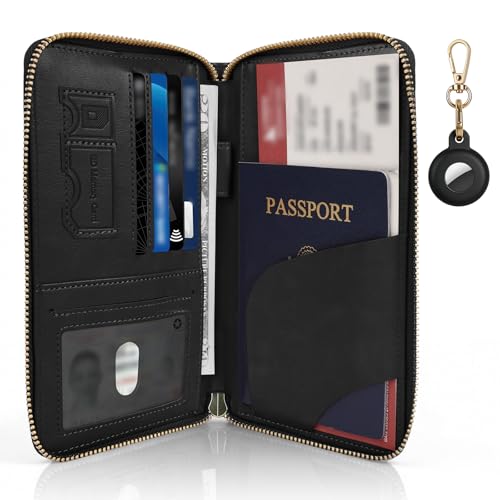 RFID Blocking Passport Wallet, Anti Theft PU Leather Passport Pouch with Tracker Case, Travel Document Organizer Zipper Wallet with Wrist Strap, Gifts for Women and Men (Black) - color: Leather-Black