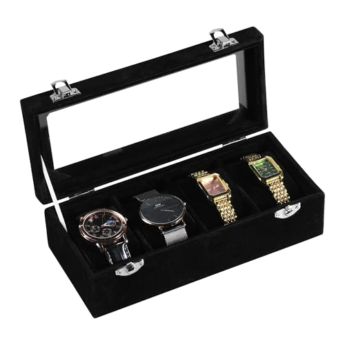 Frebeauty 4-Slot Watch Box,Velvet Watch Case with Glass Lid,Watch Organizer Box for Men and Women,Lockable Watch Storage,Watch Display Case,Ideal Gift(Black) - color: Black, size: 4 Slots