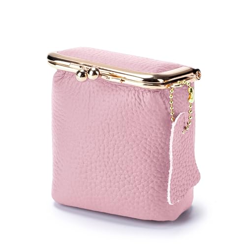 Litchi Leather Coin Purse for Women, Portable Vintage Wallet Mini Lipstick Holder Fashion Solid Color Kiss Lock Key Storage Square Pouch (Pink) - color: Pink