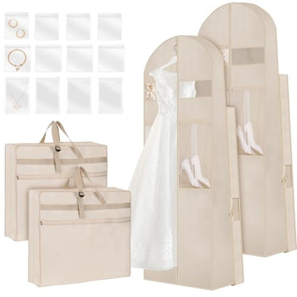Wedding Dress Garment Bag,72" Tri-Fold Bridal Gown Bag with 12 Pouches and Adjustable Buckle Gown Cover for Wedding/Prom/Travel/Closet Storage (2pcs Beige) - color: 2pcs Beige