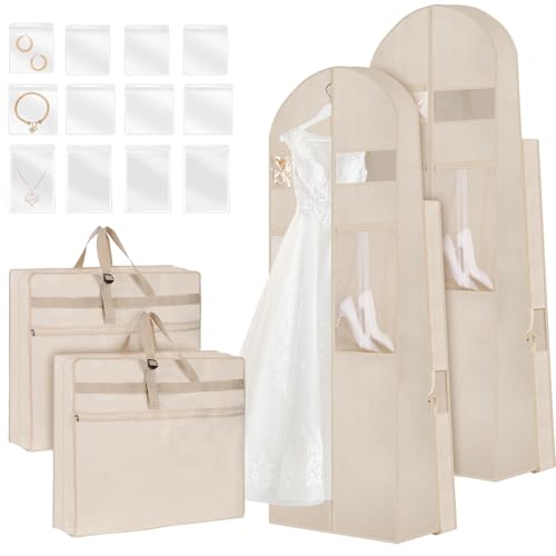 Wedding Dress Garment Bag,72" Tri-Fold Bridal Gown Bag with 12 Pouches and Adjustable Buckle Gown Cover for Wedding/Prom/Travel/Closet Storage (2pcs Beige) - color: 2pcs Beige