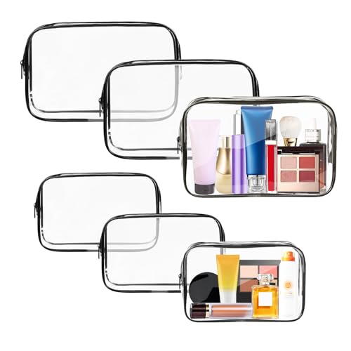 AURUZA Clear Makeup Bag,Portable Travel Toiletry Bags with Zipper, TSA Approved Clear Organizer Bags, PVC Cosmetic Pouch for Airport Airline Compliant - color: 6 Packs Black