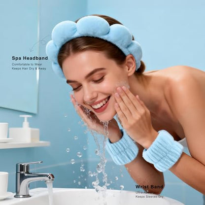 Real Perfection Spa Headband for Washing Face, Skincare Headband Wristband Set for Facial Mask Skin Care, Makeup Remover Towel Cloth Small Spray Bottle with Travel Makeup Bag Gifts for Women - Blue - color: Blue