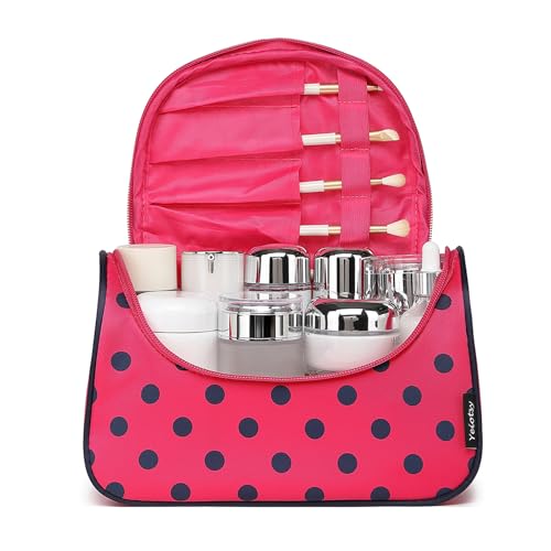 Yeiotsy Travel Cosmetic Bag for Women – Polka Dot Makeup Bag Organizer & Hanging Toiletry Bag - color: Rose Red