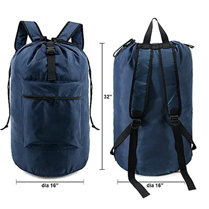 BeeGreen Navy Blue Travel Laundry Bag w Drawstring & Handle College Dorm Room Essentials w Adjustable Shoulder Straps Washable Sturdy Laundry Hamper Sack Dirty Laundry Travel Bag for Camping - color: Dark Blue, style: With Front Zipper Pocket