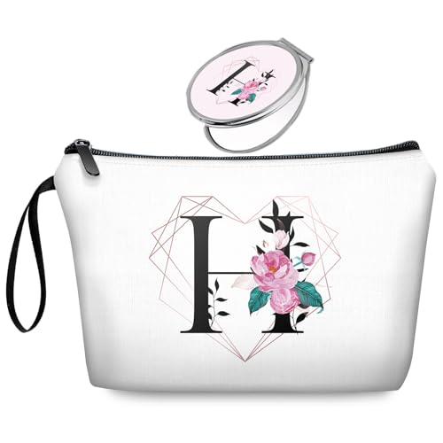 Initial H Bride Gifts for Women – Personalized Letter H Travel Makeup Bag Set with Mirror, Monogram H Cosmetic Pouch for Bridesmaid Maid of Honor Wedding Bridal Shower - color: Diamond-like Ietter H Floral-white-2S