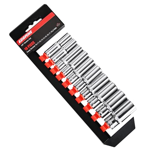 Egofine 10PCS 3/8” Drive Deep Socket Set,Metric Socket Set（10-21mm,6 Point Socket Set With Hanging Bracket,Cr-V Steel - size: 3/8, style: 10PC Deep Socket Set