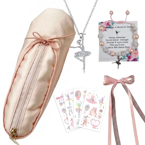 Ballet Slipper Pouch Makeup Bag Dance Recital Gifts for Girls Dancer Ballerina Accessories Gifts Set Necklace Bracelet Sticker - color: Pink-Set1
