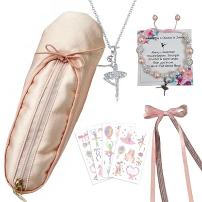 Ballet Slipper Pouch Makeup Bag Dance Recital Gifts for Girls Dancer Ballerina Accessories Gifts Set Necklace Bracelet Sticker - color: Pink-Set1