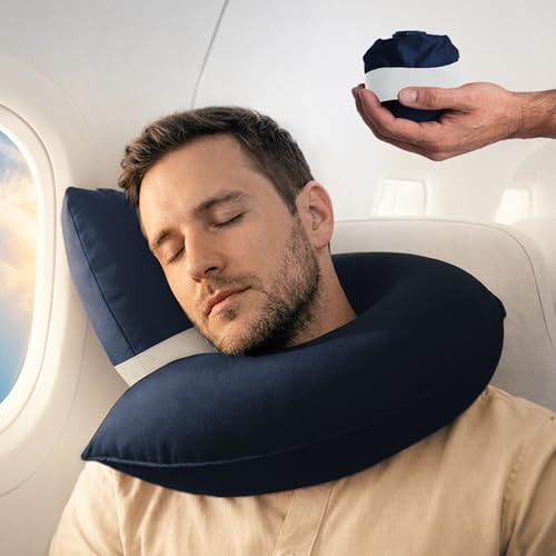 CANDY CANE Inflatable Neck Pillow for Airplane Travel with J-Shaped Design and 360° Support - Head, Neck & Chin Rest for Any Seat, Including Window Leaning - Compact Blow-Up Travel Pillow - color: Navy
