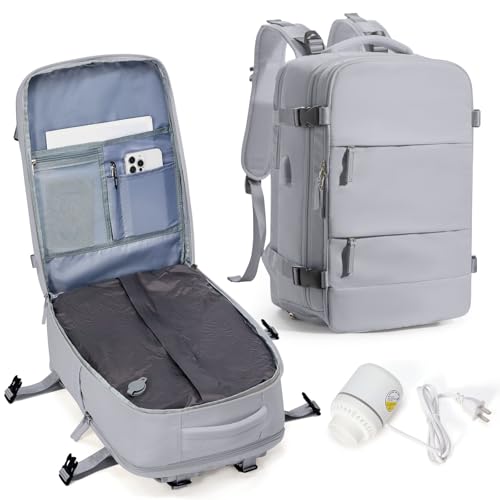 Vacuum Compression Travel Backpack with Pump, Travel Vacuum Bags Flight Approved Waterproof Personal Item Carry on Backpacks with Shoe Compartment/17inch Laptop Compartment/USB Port, Grey