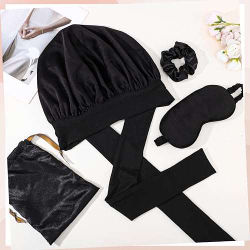Satin Bonnet Set, Hair Bonnet for Sleeping Silk Bonnet with Eye Mask for Women Curly Hair - color: Black