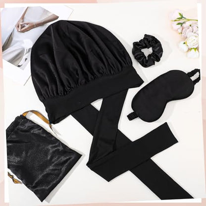 Satin Bonnet Set, Hair Bonnet for Sleeping Silk Bonnet with Eye Mask for Women Curly Hair - color: Black