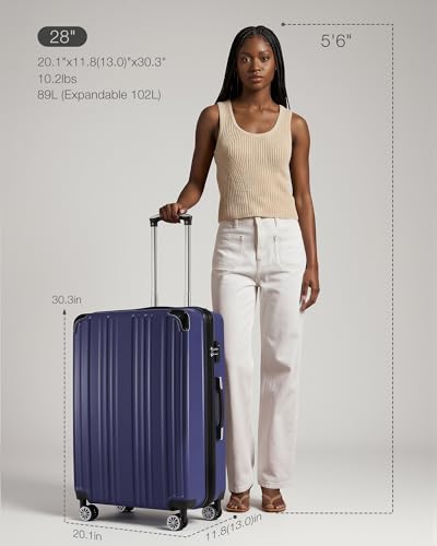 Coolife Luggage, Suitcase with Durable and Lightweight, Large Checked Luggage with PC+ABS Hardshell Expandable, Dual Spinner Wheels, TSA Lock, and YKK Zipper(navy new, L(28in)) - color: navy new, size: L(28in)