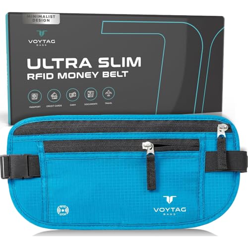 Travel Money Belt & Passport Holder - RFID Blocking Slim Travel Wallet & Fanny Pack for Men and Women - Essential Travel Pouch for Cash, Credit Cards, and Documents - color: Blue