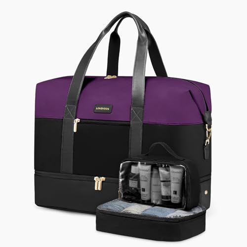 LOVEVOOK Weekender Bag for Women, Large Duffle Bag for Travel with 2 Packing Cubes, Carry on Overnight Bag with Shoe Compartment, Mom Hospital Bags for Labor and Delivery - color: Black-Purple, size: 56L-3Pcs