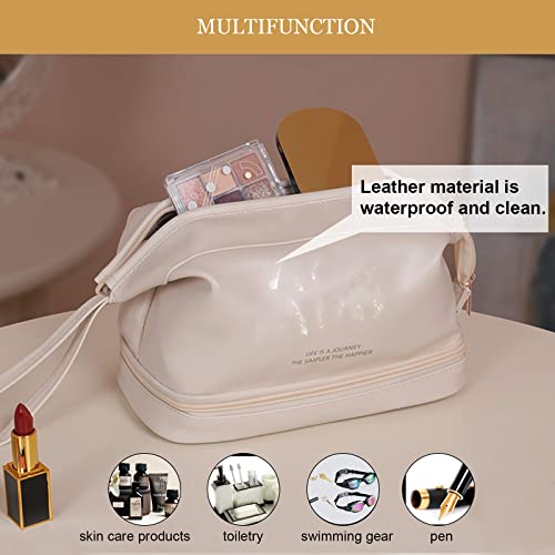 Abiudeng Large Capacity Makeup Bag Ladies Cosmetic Bag Travel Bag with Compartments Portable PU Leather Travel Makeup Bag with Handle - color: White