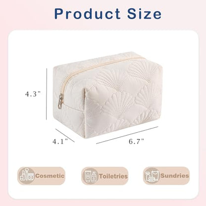 RSRSLEII Small Quilted Cotton Coquette Makeup bag, White Coastal Granddaughter Aesthetic Cosmetic Bag, Cute Seashell Portable Travel Toiletry Pouch (07Small White) - color: 07Small White