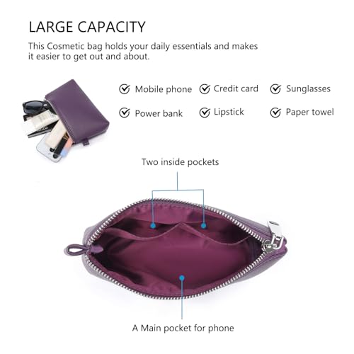 30 Color PU Faux Leather Travel Toiletry Bag for Women, Mini Cosmetic Pouch Organizer with 2 Dividers, Easy Clean Makeup Bag for Purse, Gift Idea (PU Faux Leather/Anemone Purple) - color: PU/Anemone Purple