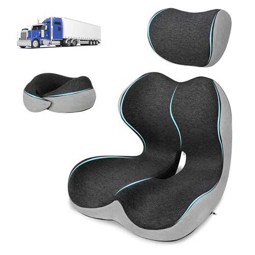 Truck Driver Seat Cushion Set - Memory Foam for Lower Back & Sciatica Pain Relief - Ergonomic Headrest Neck Pillow for Semi Truck & Car Dark Gray