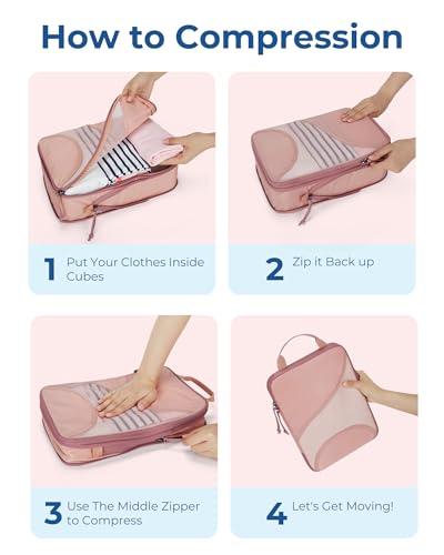 BAGSMART Compression Packing Cubes - 6 Set Travel Packing Cubes for Suitcases, Compression Suitcase Organizers with Shoe Bag - color: 04-Brier Rose