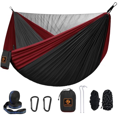 Camping Hammock, Portable Hammocks with Mosquito Net,Lightweight Nylon Parachute Hammock with 10ft Tree Straps,Camping Gear Must Haves for Travel Hiking Backpacking Beach Patio-Black&Red - color: Black&red, size: Large