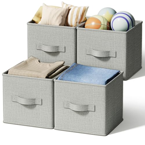 LayerSpace 4 Pack Foldable Fabric Closet Storage Bins, 11Inch Organizer Cubes with Handles, Linen Storage Boxes for Clothes, Toys, Books and Home Organization,Gray - color: Light Gray, size: 4pcs-11"x11"x11"