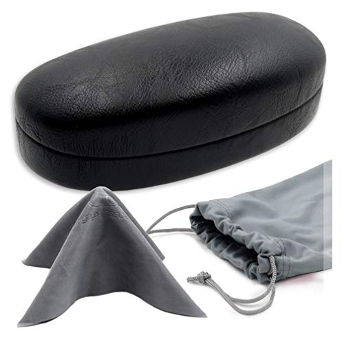 MyEyeglassCase Hard Sunglasses case - Women Glasses Case Holder - Large Durable Eyeglass Case Hard Shell with Pouch & Cloth - color: As113 Black and Pouch