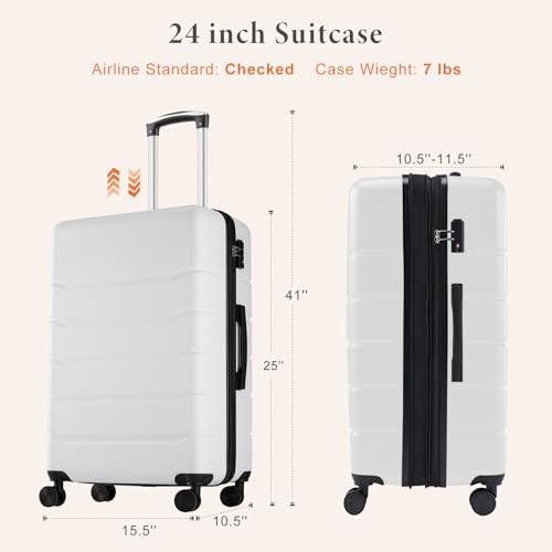 Sweetcrispy 24 Inch Checked Luggage, ABS Lightweight Rolling Hard Shell Suitcase with Smooth Spinner Wheels, Built-in TSA Lock, Durable Travel Suitcase for Business and Vacation Trip, White - color: White, size: 24 Inch