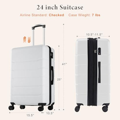 Sweetcrispy 24 Inch Checked Luggage, ABS Lightweight Rolling Hard Shell Suitcase with Smooth Spinner Wheels, Built-in TSA Lock, Durable Travel Suitcase for Business and Vacation Trip, White - color: White, size: 24 Inch