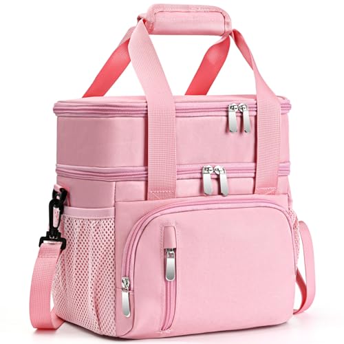 Insulated Lunch Bag for Women, Double Leakproof Lunch Box Soft Cooler Tote with 5 Pockets, 600D Oxford, EVA Lining, Adjustable Strap for Work, Picnic, Beach&Travel-Pink - color: Pink, size: Double