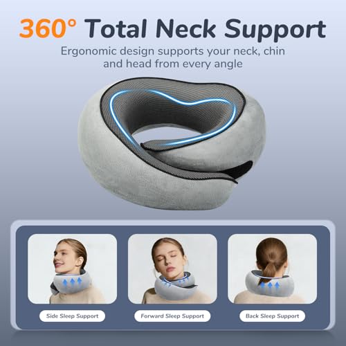 SYNNA Travel Neck Pillow for Airplane & Car, 360° Head and Chin Support, Ergonomic Memory Foam with Silky-Smooth Washable Cover for Flights, Road Trips & Office Naps