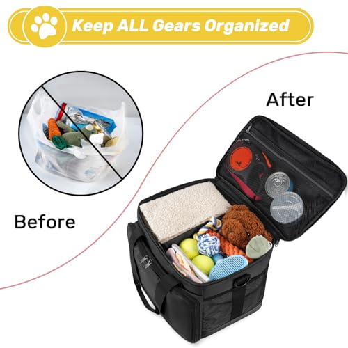 6 Set Dog Travel Bag, Large Pet Travel Kit for Supplies Includes 2 Food Containers, 1 Pet Organizer for Dogs, 2 Collapsible Bowls, 1 Treat Pouch, Dog Weekend Overnight Bag Luggage, Black - color: Black