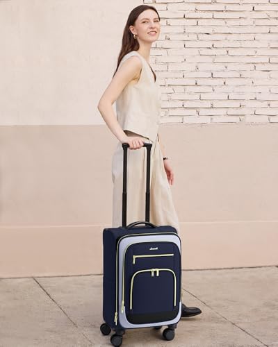 LOVEVOOK Carry on Luggage 22x14x9 Airline Approved, 22 Inch Large Rolling Suitcase with Garment Bag, Spinner Wheels & TSA Lock, 49L Softside Lightweight Underseat Carryon Luggage for Women Men Travel - color: Navy Blue-gray blue-black, size: 22 Inch With