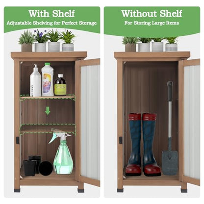 Outdoor Storage Cabinet Waterproof with Metal Top, Wooden Potting Bench Table Tool Organizer with Adjustable Shelf for Patio Backyard Garden - size: 18"L x 18"W x 33.5"H