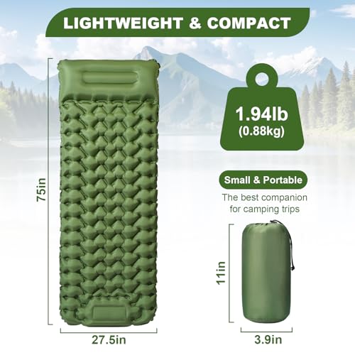 Sleeping Pad for Camping - Ultralight (1.9lbs) Inflatable Camping Mattress with Built-in Pillow & Foot Pump, 4" Thick Compact Air Pad for Backpacking, Hiking, Traveling, One-Second Deflation - color: Army Green